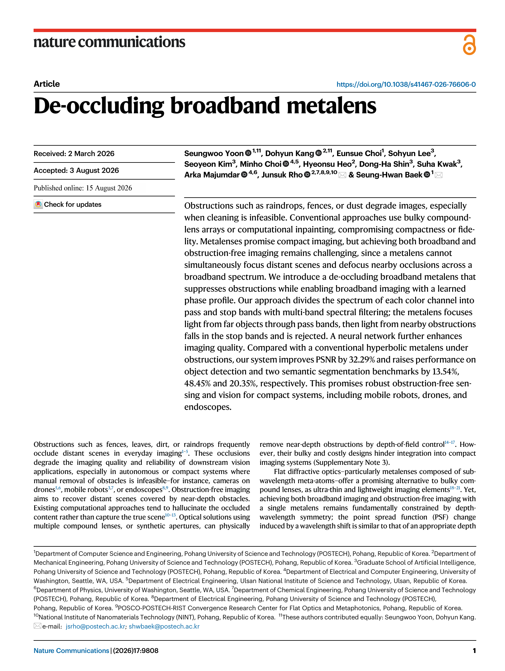 First page of the final published article, De-occluding broadband metalens, Nature Communications 17, 9808 (2026)